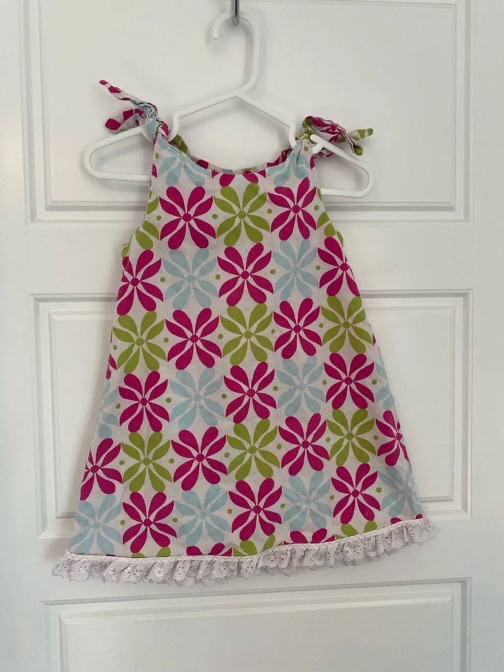 Handmade Girls Floral Tie-Shoulder Sundress Blue Pink Green - size estimated - Picture 2 of 7